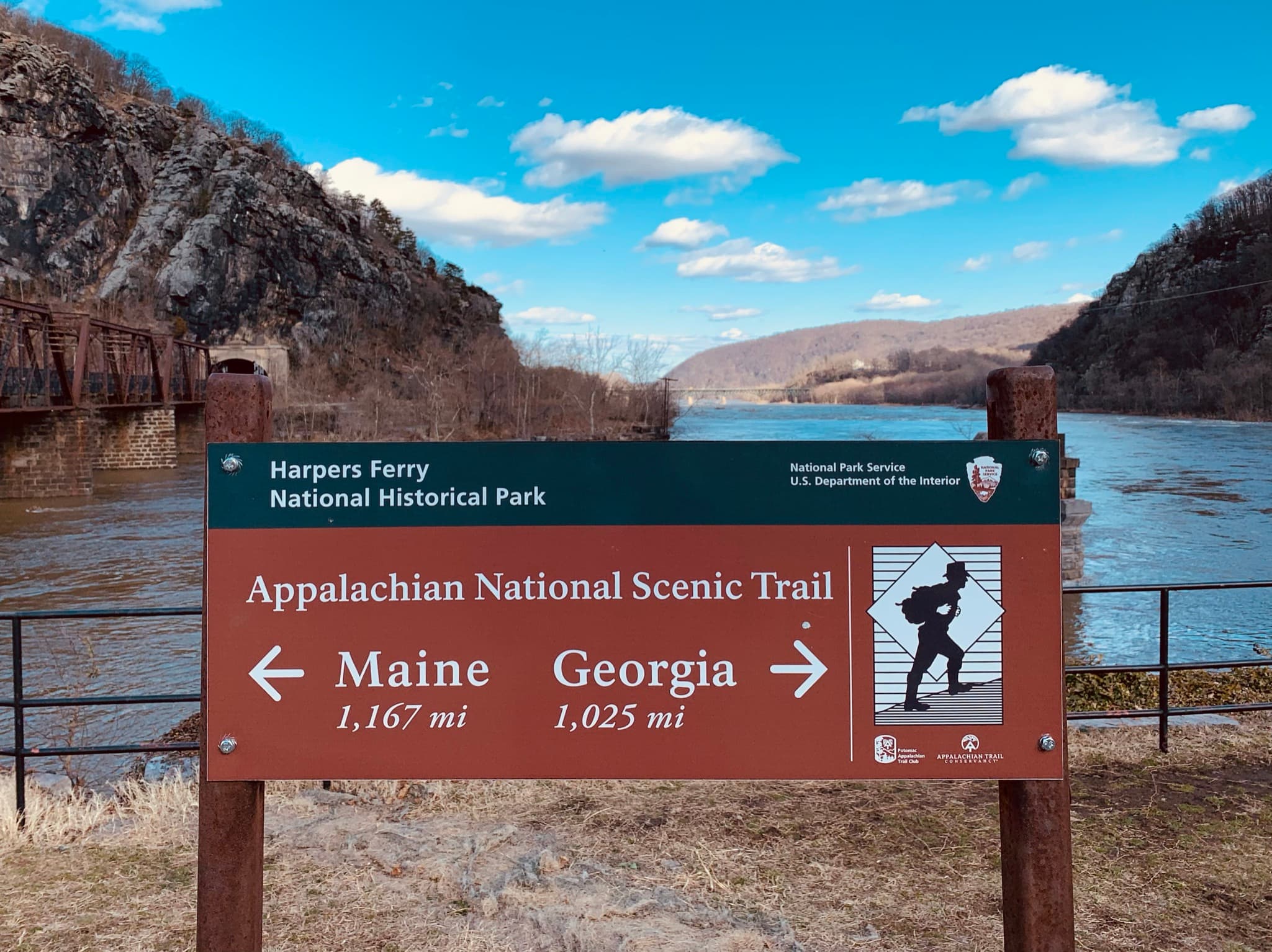 Appalachian National Scenic Trail sign beside the river in Harpers Ferry