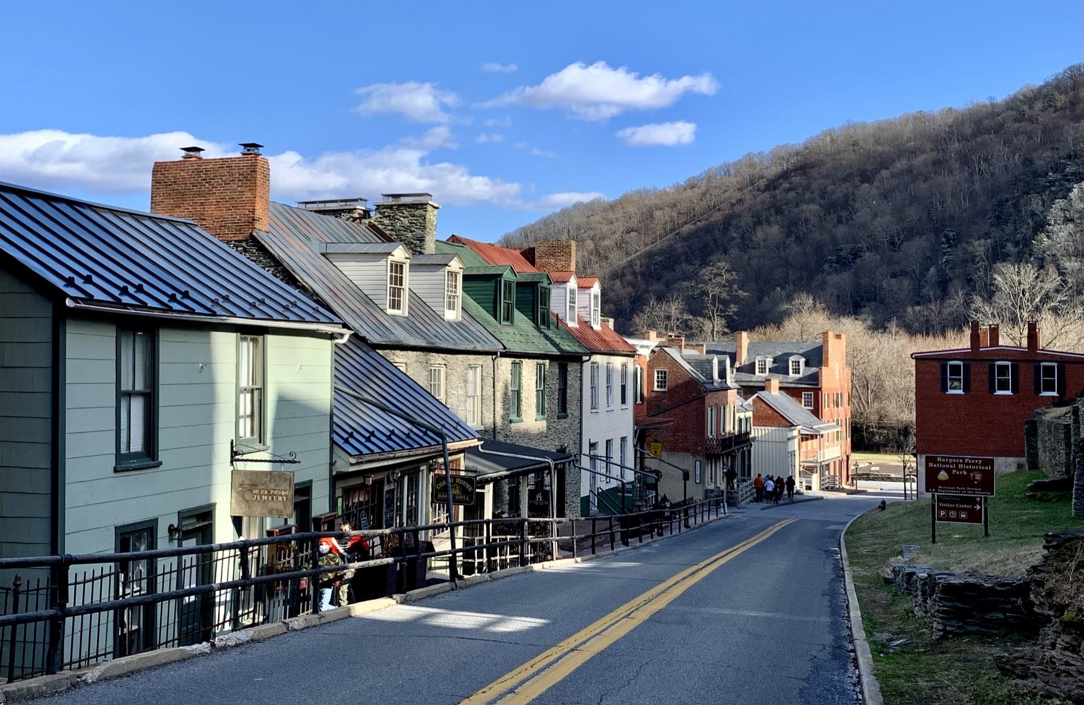 Historic buildings and shops along High Street in Harpers Ferry
