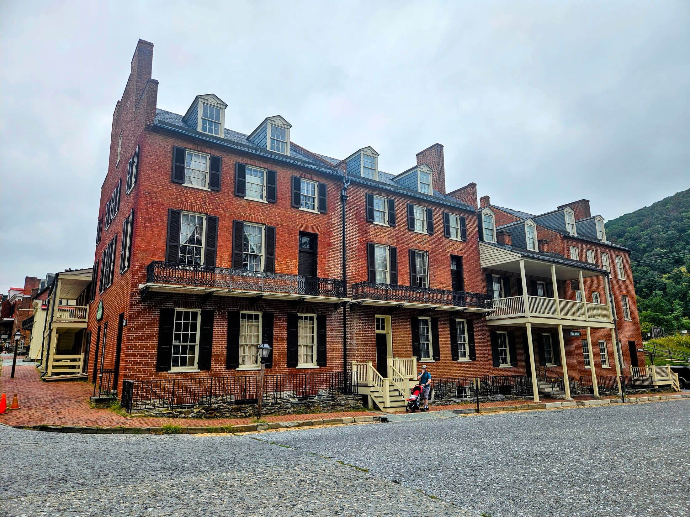 Restored brick buildings along a street in Harpers Ferry's Lower Town