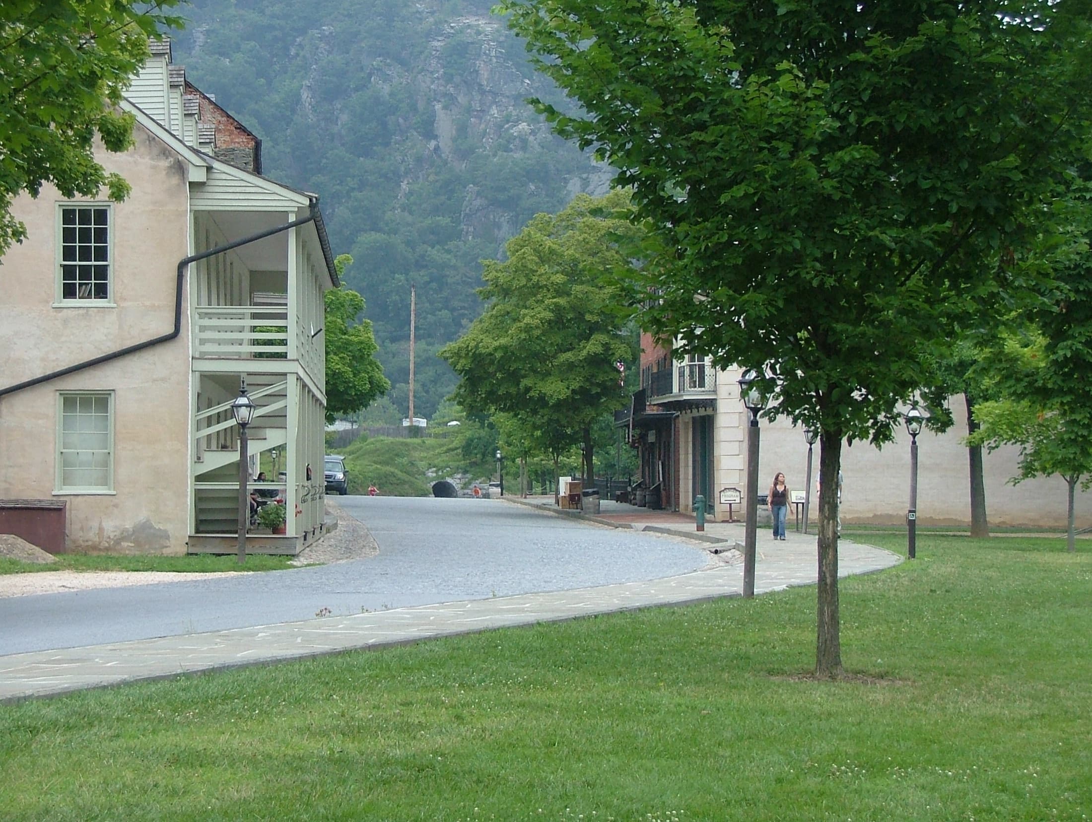 Trees and historic buildings along Shenandoah Street in Harpers Ferry
