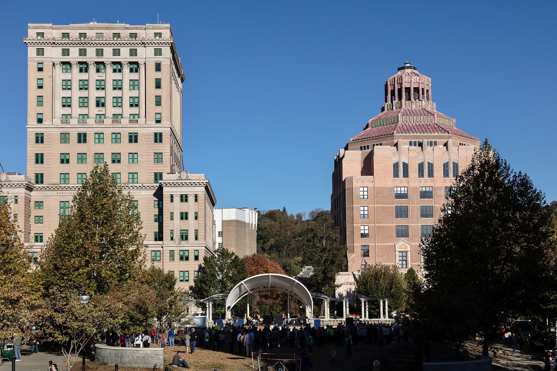 Buncombe County Courthouse and Asheville City Hall above Pack Square Park